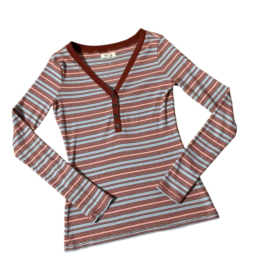 Madewell Striped Ribbed Henley Top Women S Blue Pink Long Sleeve V-Neck MB172